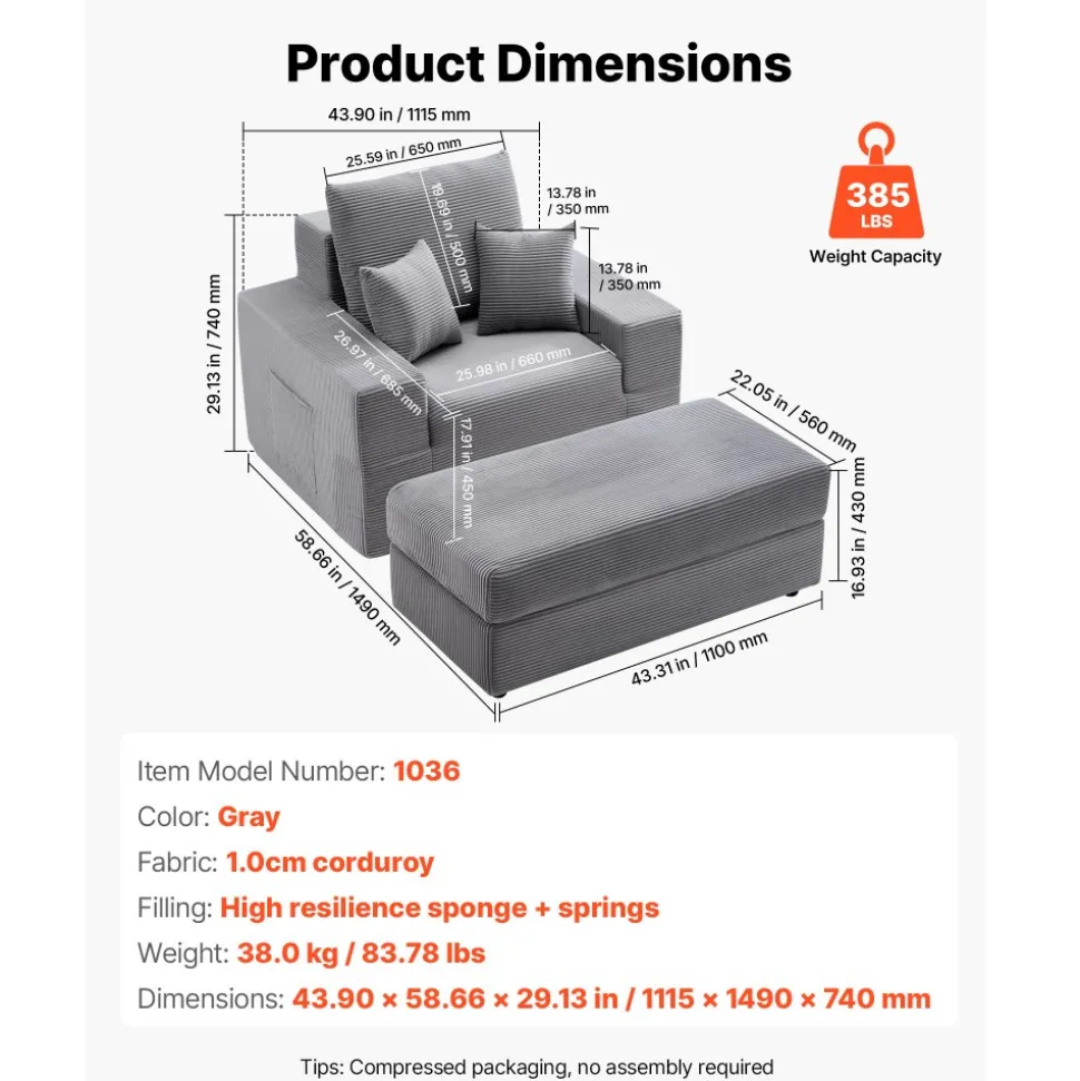 VEVOR Chaise Lounge Chair, 44 in Boneless Modular Chaise Lounge Indoor, Oversized Corduroy Reading Chair with Throw Pillows & Armrests, Deep Seat Sofa Couch Sleeper for Living Room, Bedroom, Grey