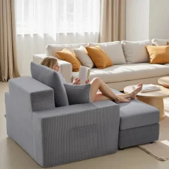 VEVOR Chaise Lounge Chair, 44 in Boneless Modular Chaise Lounge Indoor, Oversized Corduroy Reading Chair with Throw Pillows & Armrests, Deep Seat Sofa Couch Sleeper for Living Room, Bedroom, Grey