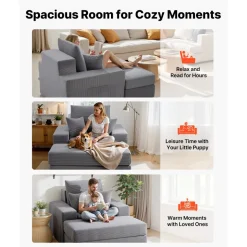 VEVOR Chaise Lounge Chair, 44 in Boneless Modular Chaise Lounge Indoor, Oversized Corduroy Reading Chair with Throw Pillows & Armrests, Deep Seat Sofa Couch Sleeper for Living Room, Bedroom, Grey