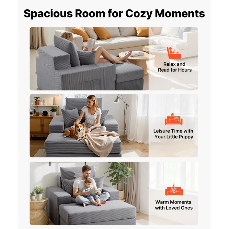 VEVOR Chaise Lounge Chair, 44 in Boneless Modular Chaise Lounge Indoor, Oversized Corduroy Reading Chair with Throw Pillows & Armrests, Deep Seat Sofa Couch Sleeper for Living Room, Bedroom, Grey