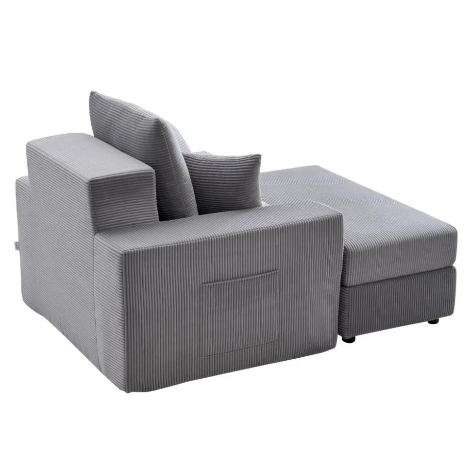 VEVOR Chaise Lounge Chair, 44 in Boneless Modular Chaise Lounge Indoor, Oversized Corduroy Reading Chair with Throw Pillows & Armrests, Deep Seat Sofa Couch Sleeper for Living Room, Bedroom, Grey