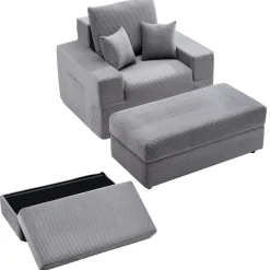 VEVOR Chaise Lounge Chair, 44 in Boneless Modular Chaise Lounge Indoor, Oversized Corduroy Reading Chair with Throw Pillows & Armrests, Deep Seat Sofa Couch Sleeper for Living Room, Bedroom, Grey