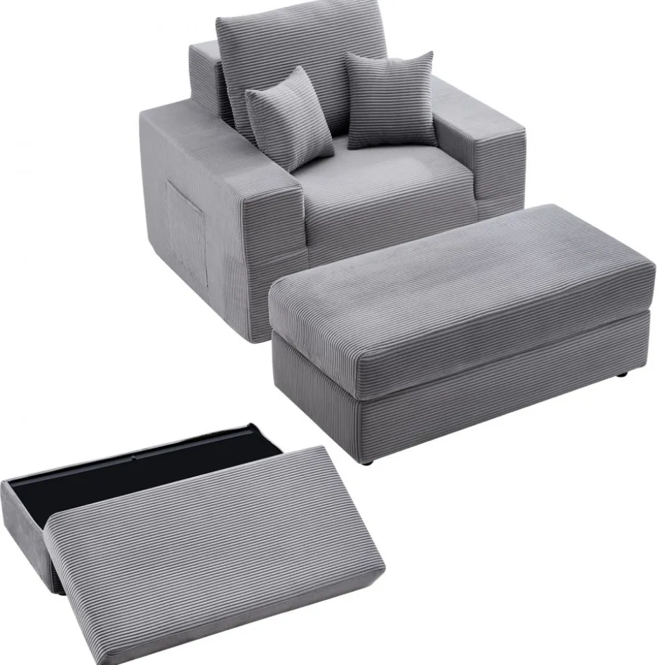 VEVOR Chaise Lounge Chair, 44 in Boneless Modular Chaise Lounge Indoor, Oversized Corduroy Reading Chair with Throw Pillows & Armrests, Deep Seat Sofa Couch Sleeper for Living Room, Bedroom, Grey