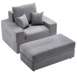 VEVOR Chaise Lounge Chair, 44 in Boneless Modular Chaise Lounge Indoor, Oversized Corduroy Reading Chair with Throw Pillows & Armrests, Deep Seat Sofa Couch Sleeper for Living Room, Bedroom, Grey