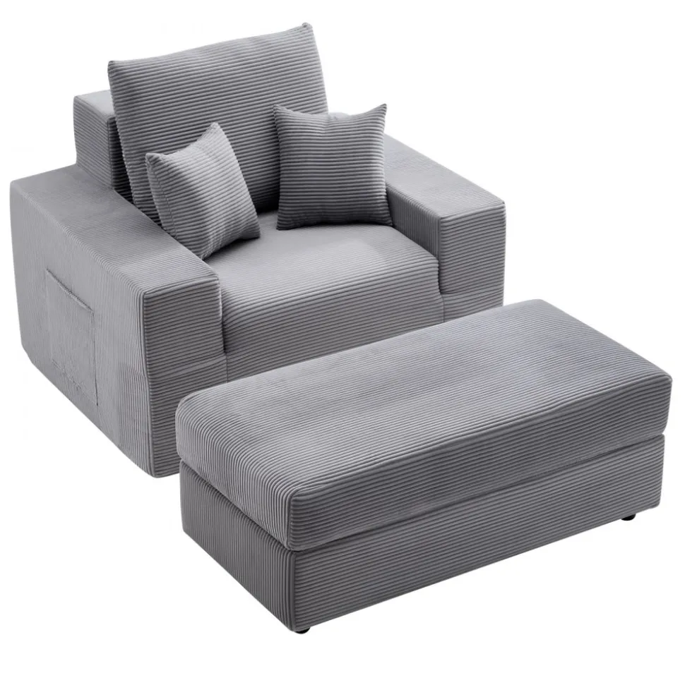 VEVOR Chaise Lounge Chair, 44 in Boneless Modular Chaise Lounge Indoor, Oversized Corduroy Reading Chair with Throw Pillows & Armrests, Deep Seat Sofa Couch Sleeper for Living Room, Bedroom, Grey