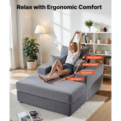 VEVOR Chaise Lounge Chair, 44 in Boneless Modular Chaise Lounge Indoor, Oversized Corduroy Reading Chair with Throw Pillows & Armrests, Deep Seat Sofa Couch Sleeper for Living Room, Bedroom, Grey