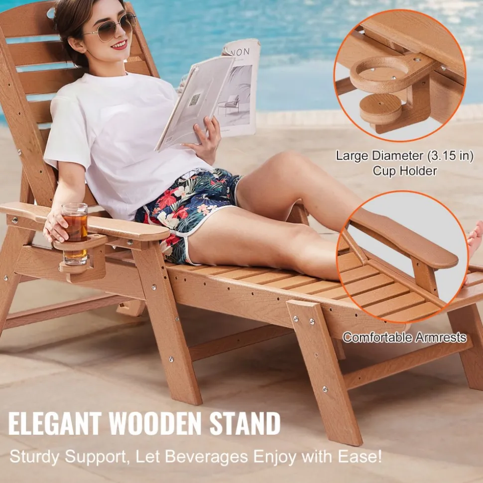 VEVOR Chaise Lounge Chair, 400 lbs Weight Capacity, 6 Positions Adjustable Patio Lounge Chair, Outdoor HDPE Lounge Chair with Backrest & Cup Holder, for Pool Poolside Deck Backyard Lawn, Brown