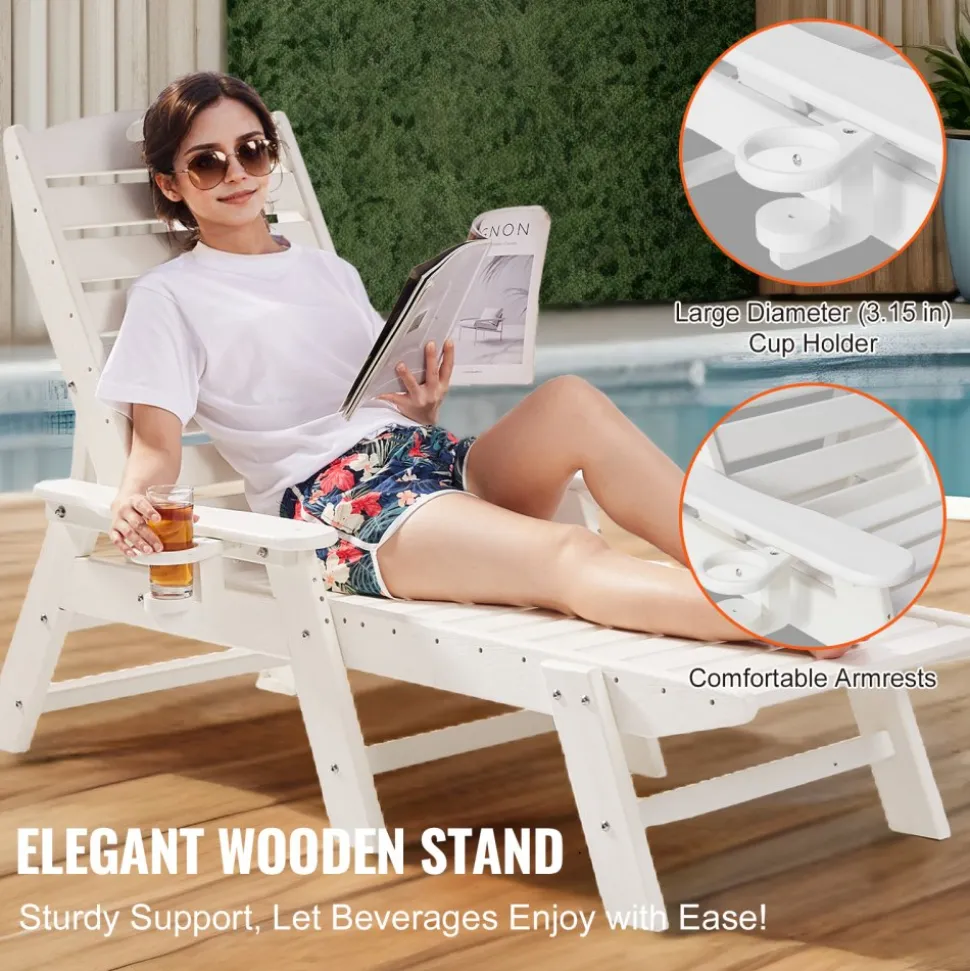 VEVOR Chaise Lounge Chair, 400 lbs Weight Capacity, 6 Positions Adjustable Patio Lounge Chair, Outdoor HDPE Lounge Chair with Backrest & Cup Holder, for Pool Poolside Deck Backyard Lawn, White