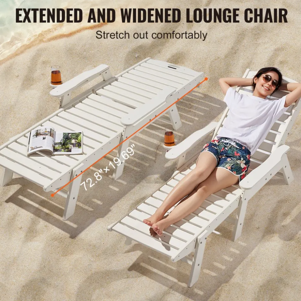 VEVOR Chaise Lounge Chair, 400 lbs Weight Capacity, 6 Positions Adjustable Patio Lounge Chair, Outdoor HDPE Lounge Chair with Backrest & Cup Holder, for Pool Poolside Deck Backyard Lawn, White