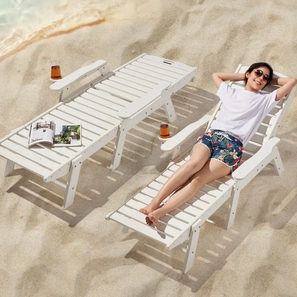 VEVOR Chaise Lounge Chair, 400 lbs Weight Capacity, 6 Positions Adjustable Patio Lounge Chair, Outdoor HDPE Lounge Chair with Backrest & Cup Holder, for Pool Poolside Deck Backyard Lawn, White