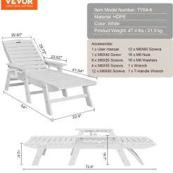 VEVOR Chaise Lounge Chair, 400 lbs Weight Capacity, 6 Positions Adjustable Patio Lounge Chair, Outdoor HDPE Lounge Chair with Backrest & Cup Holder, for Pool Poolside Deck Backyard Lawn, White