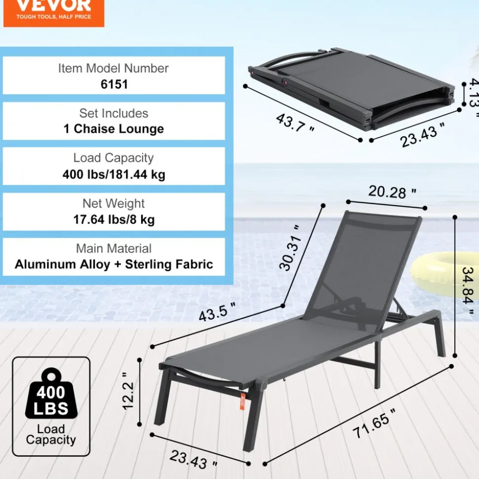 VEVOR Chaise Lounge Chair Outdoor, Aluminum Patio Lounge Chair with Adjustable 5-Position, Folding Pool Lounge Chair Recliner and Full Flat Tanning Chair for Patio, Beach, Pool, Dark Grey