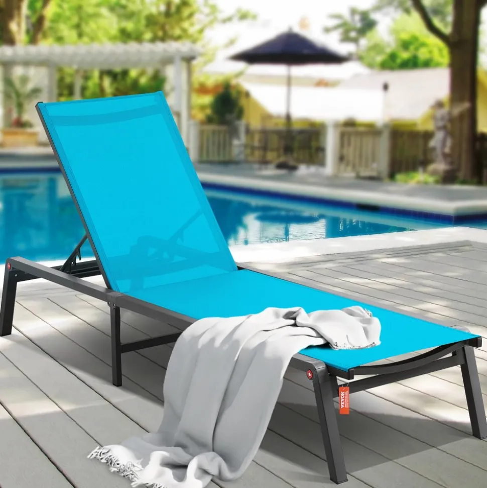 VEVOR Chaise Lounge Chair Outdoor, Aluminum Patio Lounge Chair with Adjustable 5-Position, Folding Pool Lounge Chair Recliner and Full Flat Tanning Chair for Patio, Beach, Pool, Blue