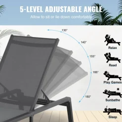 VEVOR Chaise Lounge Chairs Outdoor, Aluminum Patio Lounge Chairs with Adjustable 5-Position, Folding Pool Lounge Chairs Recliner and Full Flat Tanning Chairs for Patio, Beach, Pool, Dark Grey, 2 pcs