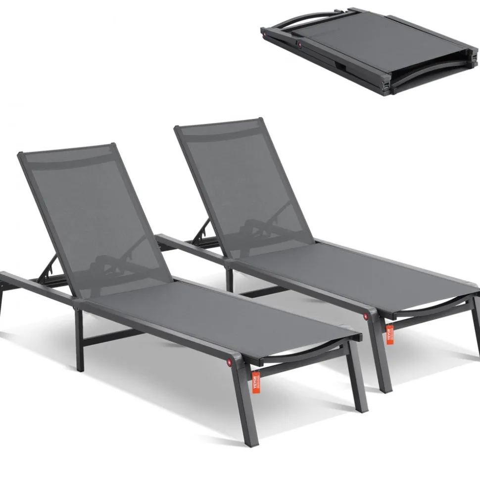 VEVOR Chaise Lounge Chairs Outdoor, Aluminum Patio Lounge Chairs with Adjustable 5-Position, Folding Pool Lounge Chairs Recliner and Full Flat Tanning Chairs for Patio, Beach, Pool, Dark Grey, 2 pcs