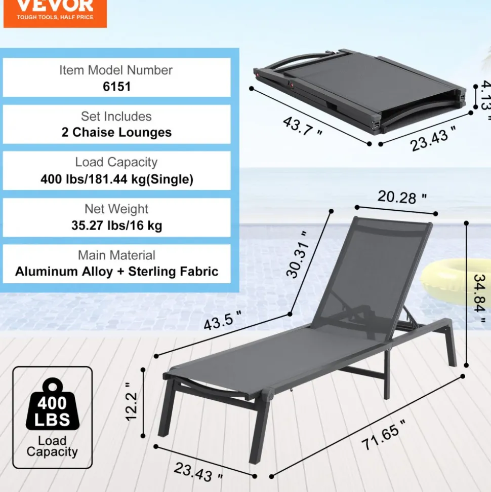 VEVOR Chaise Lounge Chairs Outdoor, Aluminum Patio Lounge Chairs with Adjustable 5-Position, Folding Pool Lounge Chairs Recliner and Full Flat Tanning Chairs for Patio, Beach, Pool, Dark Grey, 2 pcs