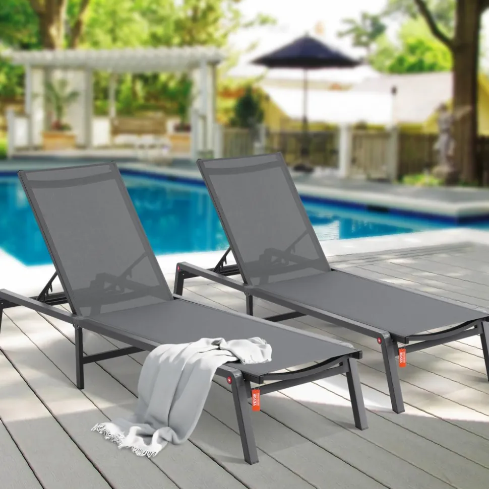 VEVOR Chaise Lounge Chairs Outdoor, Aluminum Patio Lounge Chairs with Adjustable 5-Position, Folding Pool Lounge Chairs Recliner and Full Flat Tanning Chairs for Patio, Beach, Pool, Dark Grey, 2 pcs
