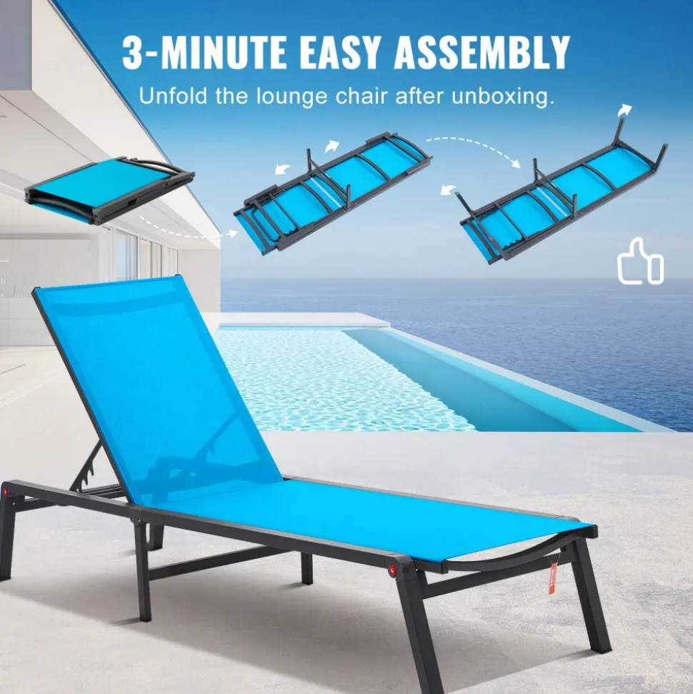 VEVOR Chaise Lounge Chairs Outdoor, Aluminum Patio Lounge Chairs with Adjustable 5-Position, Folding Pool Lounge Chairs Recliner and Full Flat Tanning Chairs for Patio, Beach, Pool, Blue, 2 pcs
