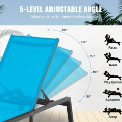 VEVOR Chaise Lounge Chairs Outdoor, Aluminum Patio Lounge Chairs with Adjustable 5-Position, Folding Pool Lounge Chairs Recliner and Full Flat Tanning Chairs for Patio, Beach, Pool, Blue, 2 pcs