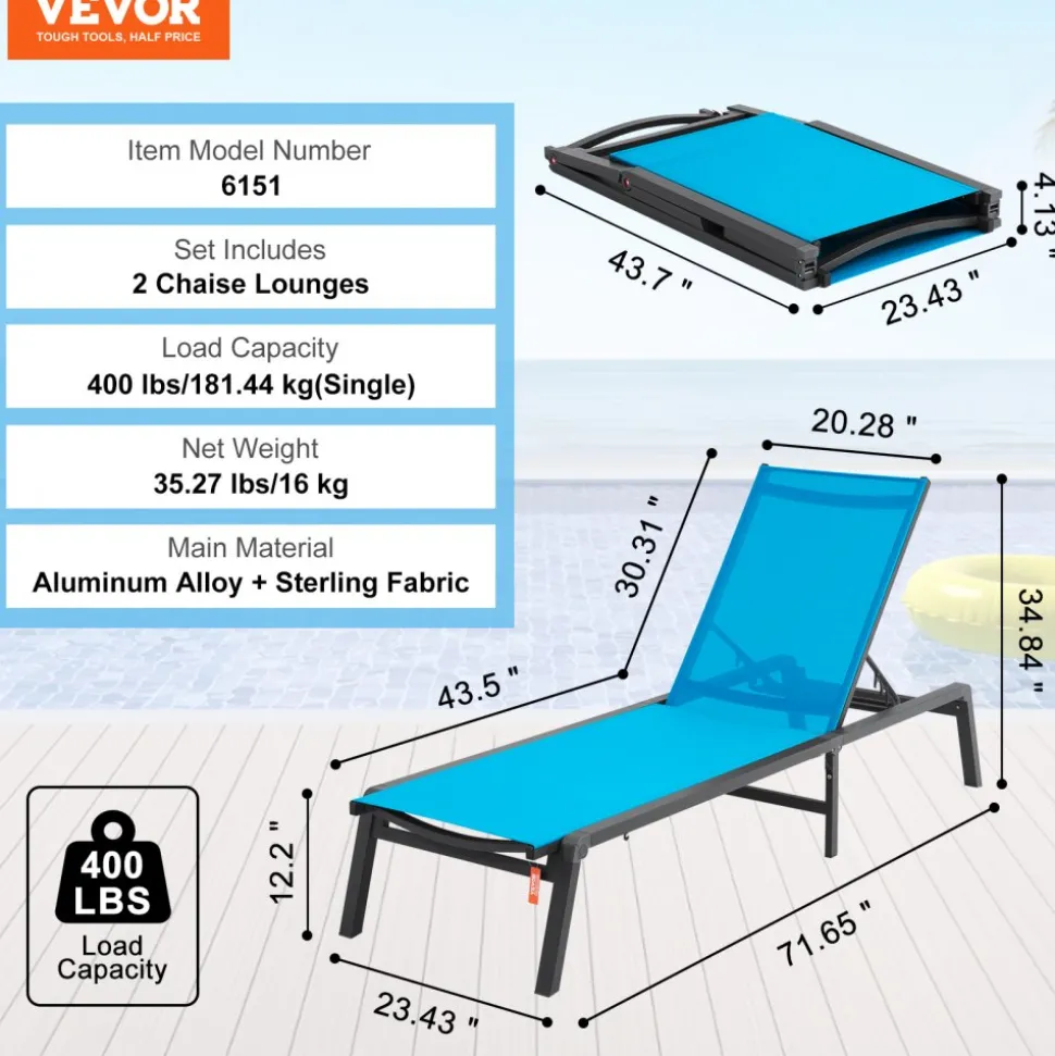 VEVOR Chaise Lounge Chairs Outdoor, Aluminum Patio Lounge Chairs with Adjustable 5-Position, Folding Pool Lounge Chairs Recliner and Full Flat Tanning Chairs for Patio, Beach, Pool, Blue, 2 pcs