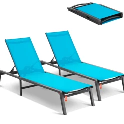 VEVOR Chaise Lounge Chairs Outdoor, Aluminum Patio Lounge Chairs with Adjustable 5-Position, Folding Pool Lounge Chairs Recliner and Full Flat Tanning Chairs for Patio, Beach, Pool, Blue, 2 pcs
