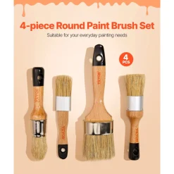 VEVOR Chalk Wax Paint Brush, 4 Piece Wax Paint Brush, Chalk Paint Brushes for Furniture, Acrylic Paint,Milk Paint,Home Decor, Natural Bristle Round Oval Chalk Paint Brush for All Painting and Waxing