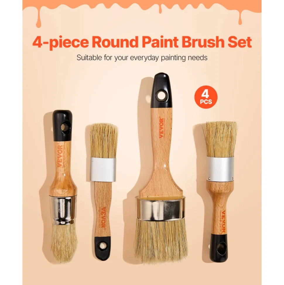 VEVOR Chalk Wax Paint Brush, 4 Piece Wax Paint Brush, Chalk Paint Brushes for Furniture, Acrylic Paint,Milk Paint,Home Decor, Natural Bristle Round Oval Chalk Paint Brush for All Painting and Waxing