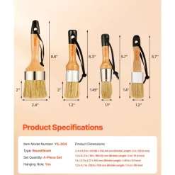 VEVOR Chalk Wax Paint Brush, 4 Piece Wax Paint Brush, Chalk Paint Brushes for Furniture, Acrylic Paint,Milk Paint,Home Decor, Natural Bristle Round Oval Chalk Paint Brush for All Painting and Waxing