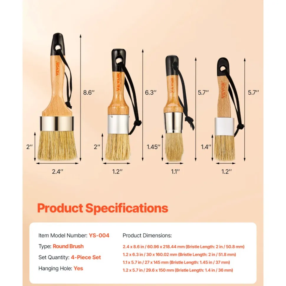 VEVOR Chalk Wax Paint Brush, 4 Piece Wax Paint Brush, Chalk Paint Brushes for Furniture, Acrylic Paint,Milk Paint,Home Decor, Natural Bristle Round Oval Chalk Paint Brush for All Painting and Waxing