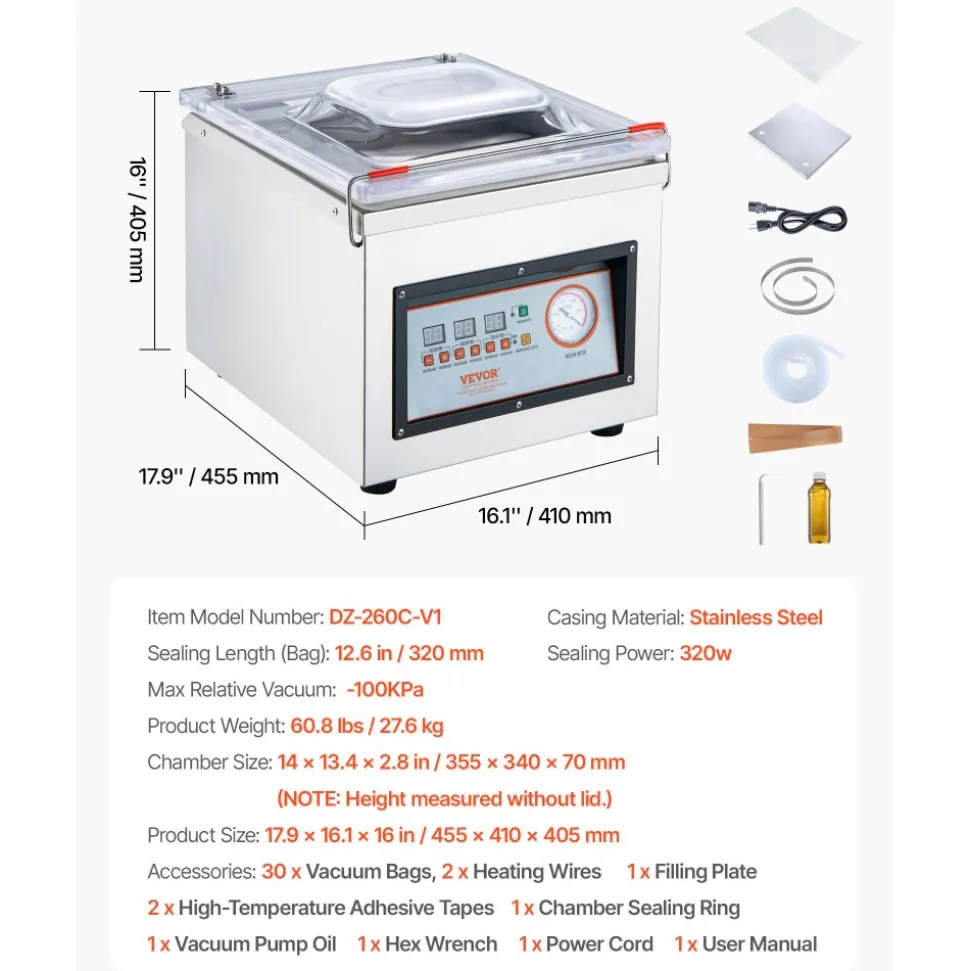 VEVOR Chamber Vacuum Sealer, 320W Sealing Power, Vacuum Packing Machine for Wet Foods, Meats, Marinades and More, Compact Size with 12.6 in Sealing Length, Applied in Home Kitchen and Commercial Use