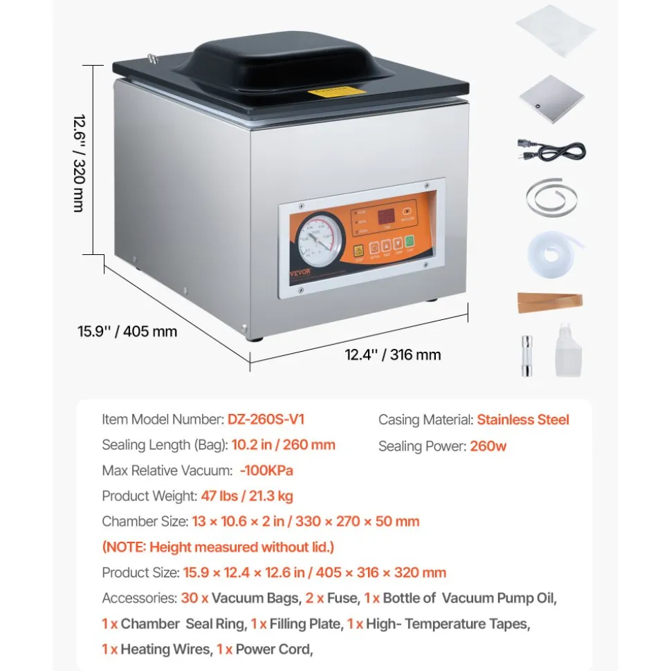 VEVOR Chamber Vacuum Sealer, 260W Sealing Power, Vacuum Packing Machine for Wet Foods, Meats, Marinades and More, Compact Size with 10.2 in Sealing Length, Applied in Home Kitchen