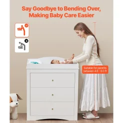 VEVOR Changing Table Dresser, Baby Diaper Change Station with 3 Drawers, Multi-Functional Modern Changing Table Dresser with Storage Organizer Nursery for Children's Room, White
