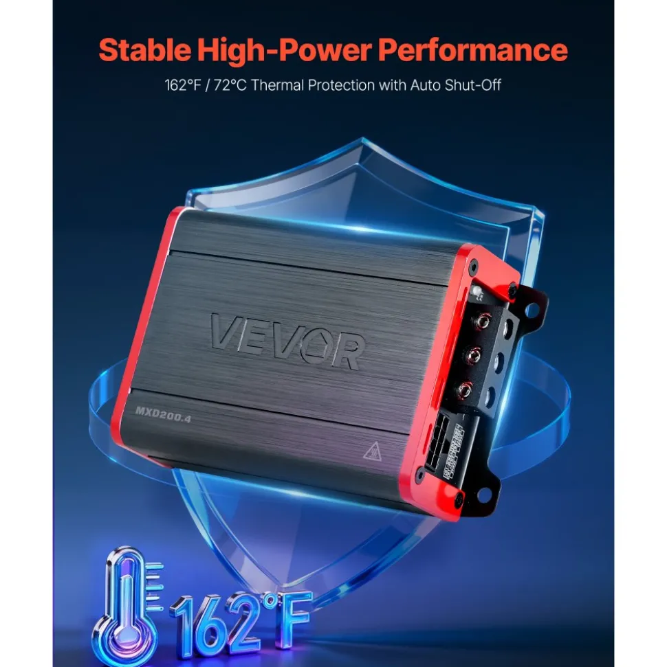 VEVOR 4 Channel Car Audio Amplifier 2 Ohm Stable Bridgeable Class D Full Range Amp Max Power 4 x 120W @ 4 Ohm / 4 x 200W @ 2 Ohm for Car SUV Truck Off-Road
