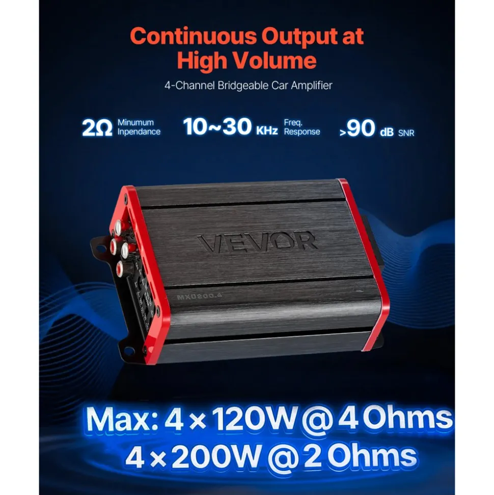 VEVOR 4 Channel Car Audio Amplifier 2 Ohm Stable Bridgeable Class D Full Range Amp Max Power 4 x 120W @ 4 Ohm / 4 x 200W @ 2 Ohm for Car SUV Truck Off-Road