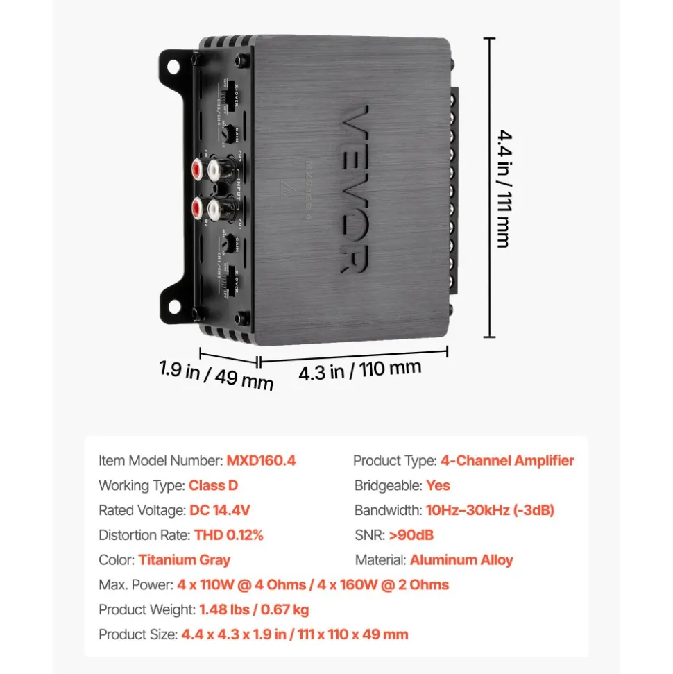 VEVOR 4 Channel Car Audio Amplifier 2 Ohm Stable Bridgeable Class D Full Range Amp Max Power 4 x 110W @ 4 Ohm / 4 x 160W @ 2 Ohm for Car SUV Truck Off-Road