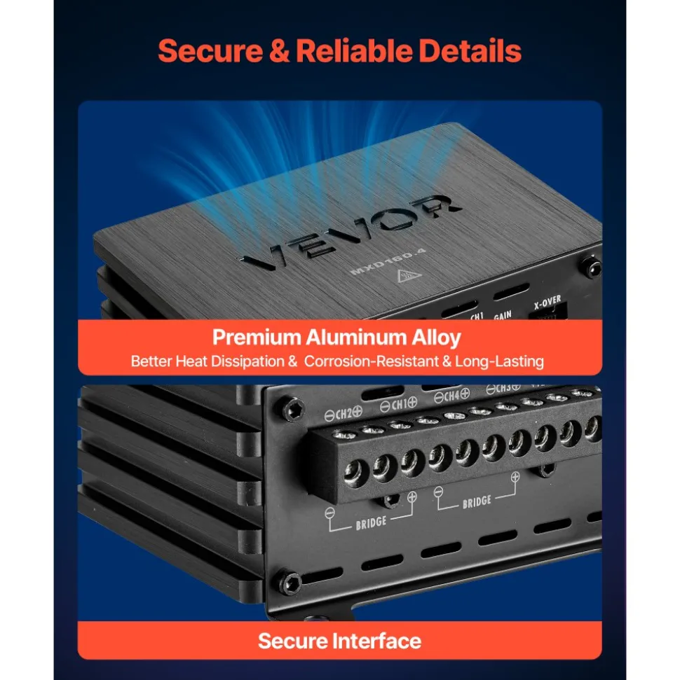 VEVOR 4 Channel Car Audio Amplifier 2 Ohm Stable Bridgeable Class D Full Range Amp Max Power 4 x 110W @ 4 Ohm / 4 x 160W @ 2 Ohm for Car SUV Truck Off-Road