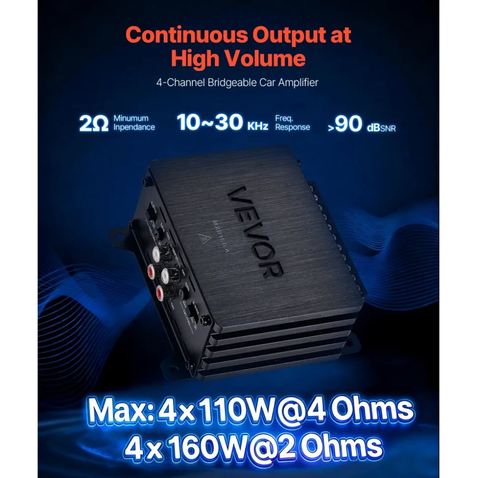 VEVOR 4 Channel Car Audio Amplifier 2 Ohm Stable Bridgeable Class D Full Range Amp Max Power 4 x 110W @ 4 Ohm / 4 x 160W @ 2 Ohm for Car SUV Truck Off-Road