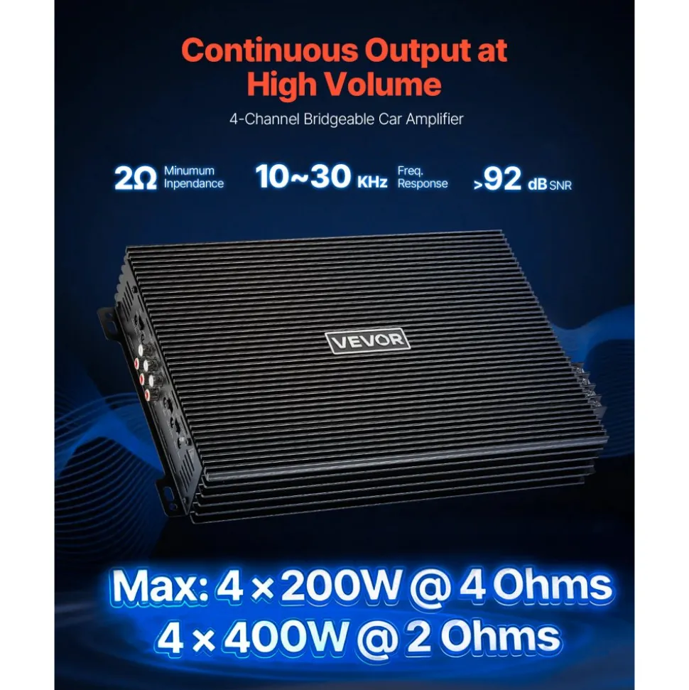 VEVOR 4 Channel Car Audio Amplifier 2 Ohm Stable Bridgeable Class A/B Full Range Amp Max Power 4 x 200W @ 4 Ohm / 4 x 400W @ 2 Ohm for Car SUV Truck Off-Road