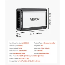 VEVOR 4 Channel Car Audio Amplifier 2 Ohm Stable Bridgeable Class A/B Full Range Amp Max Power 4 x 250W @ 4 Ohm / 4 x 500W @ 2 Ohm for Car SUV Truck Off-Road