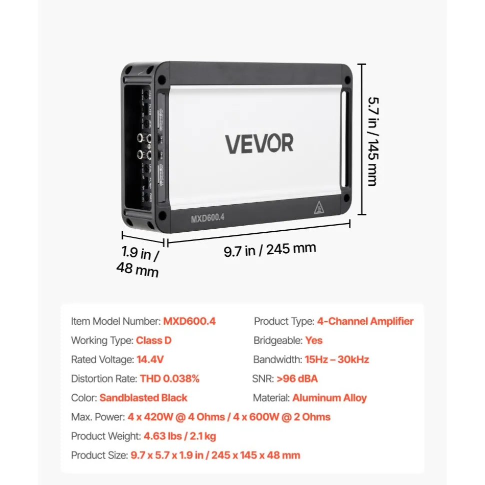 VEVOR 4 Channel Car Audio Amplifier 2 Ohm Stable Bridgeable Class A/B Full Range Amp Max Power 4 x 250W @ 4 Ohm / 4 x 500W @ 2 Ohm for Car SUV Truck Off-Road
