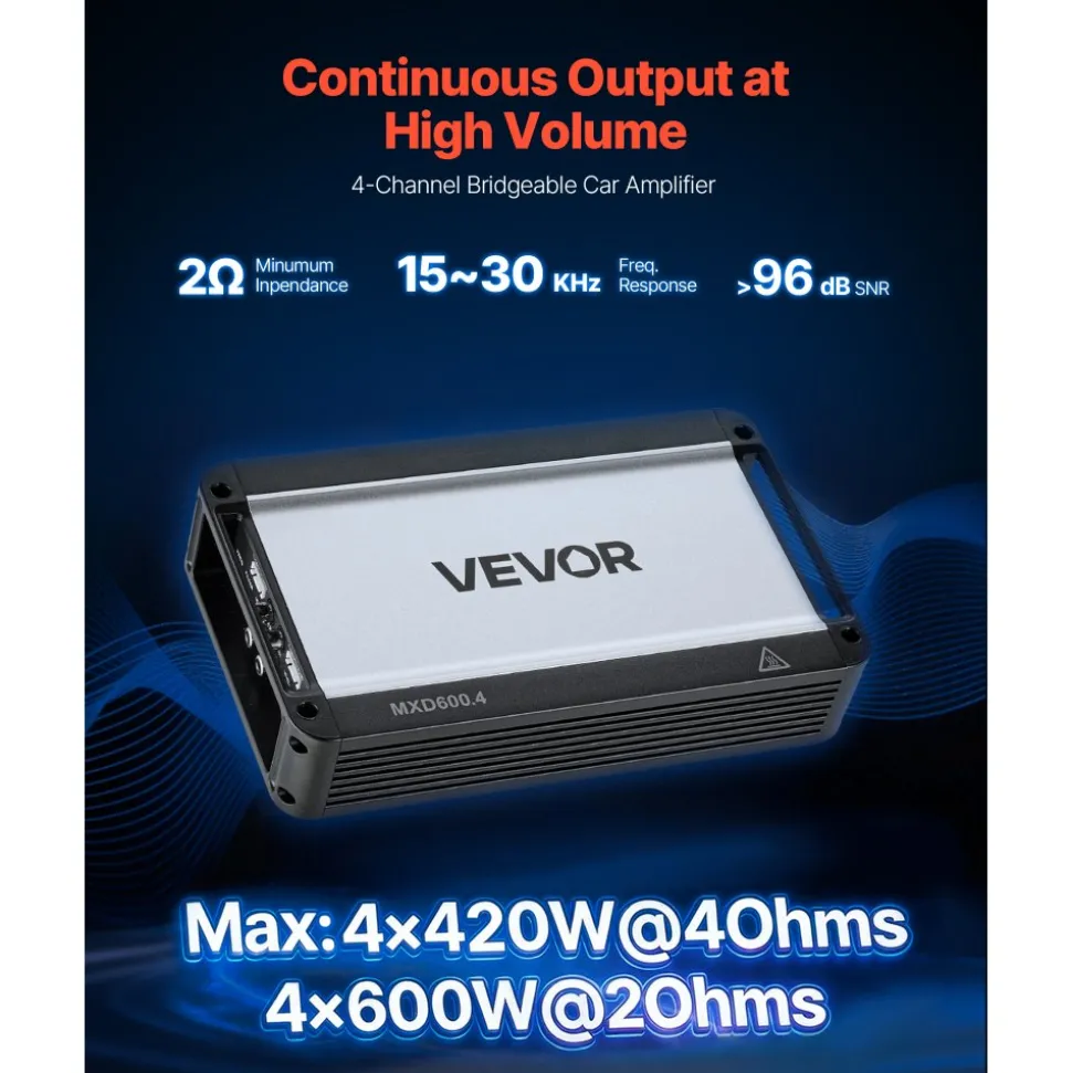 VEVOR 4 Channel Car Audio Amplifier 2 Ohm Stable Bridgeable Class A/B Full Range Amp Max Power 4 x 250W @ 4 Ohm / 4 x 500W @ 2 Ohm for Car SUV Truck Off-Road