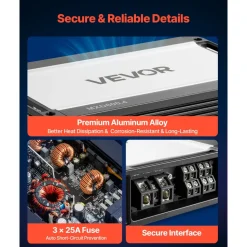 VEVOR 4 Channel Car Audio Amplifier 2 Ohm Stable Bridgeable Class A/B Full Range Amp Max Power 4 x 250W @ 4 Ohm / 4 x 500W @ 2 Ohm for Car SUV Truck Off-Road