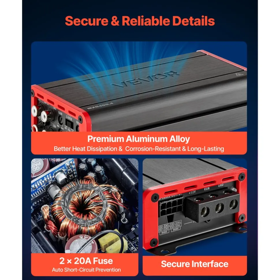 VEVOR 4 Channel Car Audio Amplifier 2 Ohm Stable Bridgeable Class D Full Range Amp Max Power 4 x 500W @ 4 Ohm / 4 x 1000W @ 2 Ohm for Car SUV Truck Off-Road
