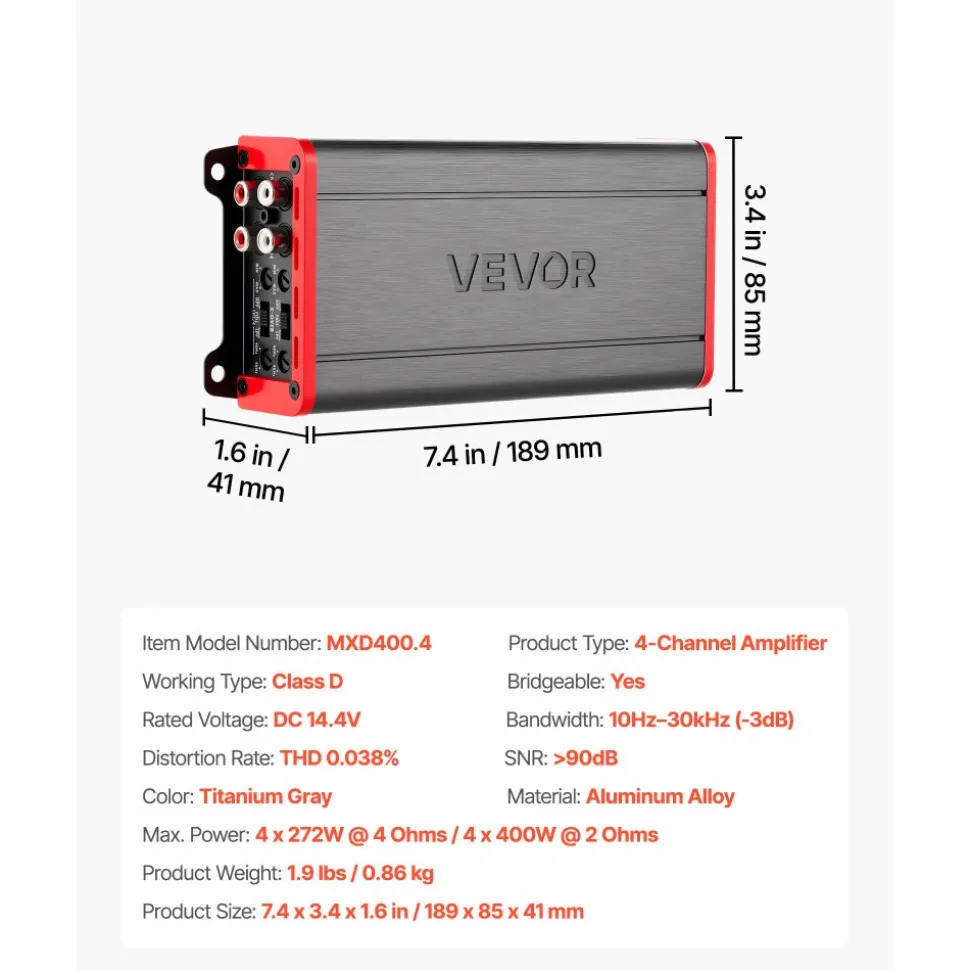 VEVOR 4 Channel Car Audio Amplifier 2 Ohm Stable Bridgeable Class D Full Range Amp Max Power 4 x 500W @ 4 Ohm / 4 x 1000W @ 2 Ohm for Car SUV Truck Off-Road