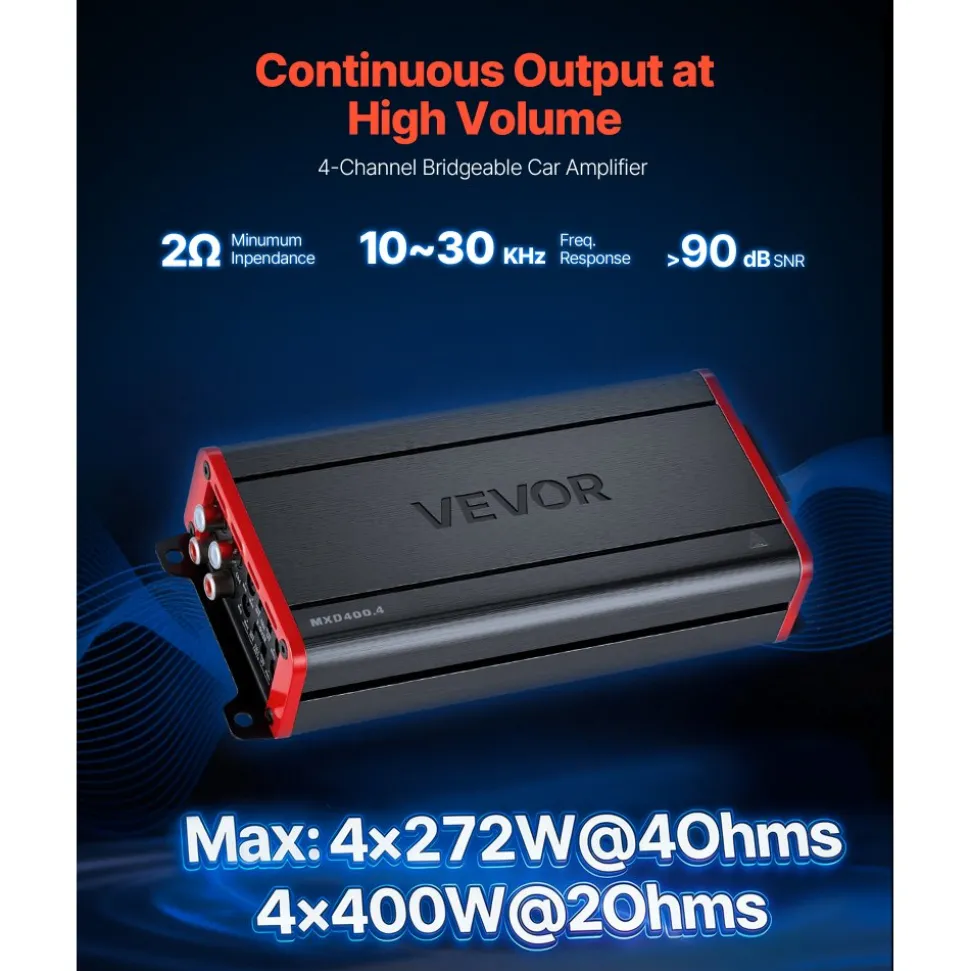 VEVOR 4 Channel Car Audio Amplifier 2 Ohm Stable Bridgeable Class D Full Range Amp Max Power 4 x 500W @ 4 Ohm / 4 x 1000W @ 2 Ohm for Car SUV Truck Off-Road
