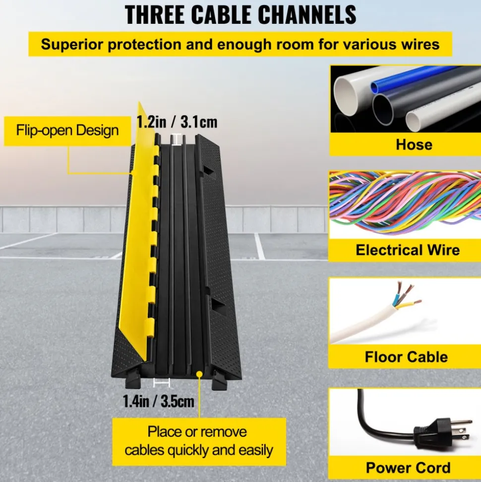 VEVOR 3 Channel Rubber Cable Protector Ramp 1.2 x 1.2 Inch Channel Heavy Duty Cable Wire Cord Cover Ramp Speed Bump Driveway Hose Cable Ramp Protector