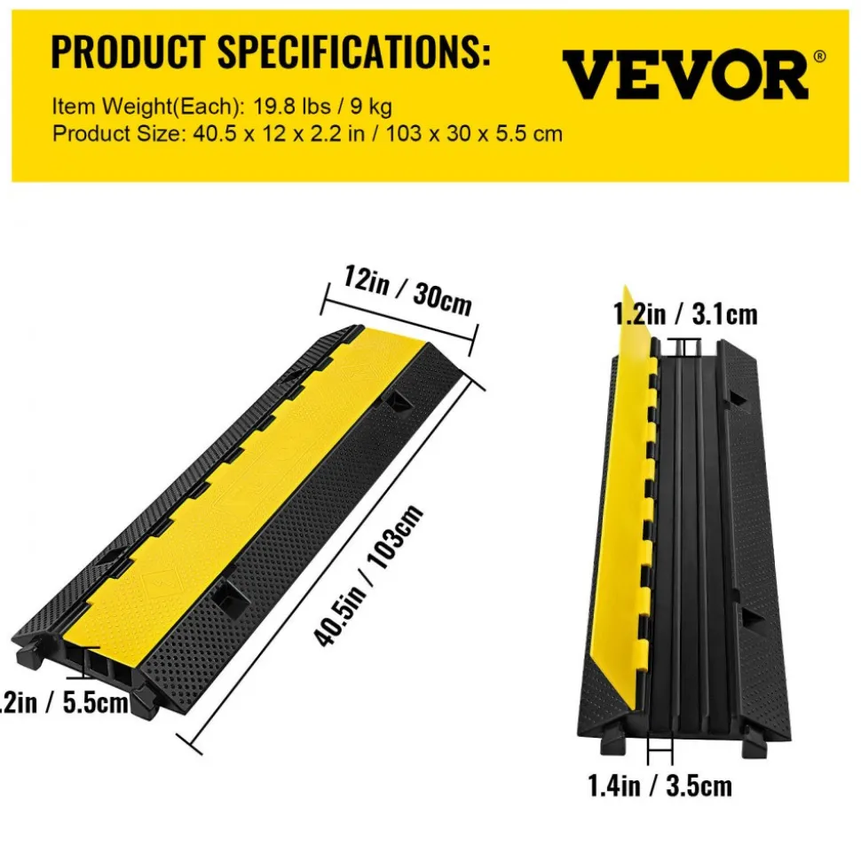VEVOR 3 Channel Rubber Cable Protector Ramp 1.2 x 1.2 Inch Channel Heavy Duty Cable Wire Cord Cover Ramp Speed Bump Driveway Hose Cable Ramp Protector