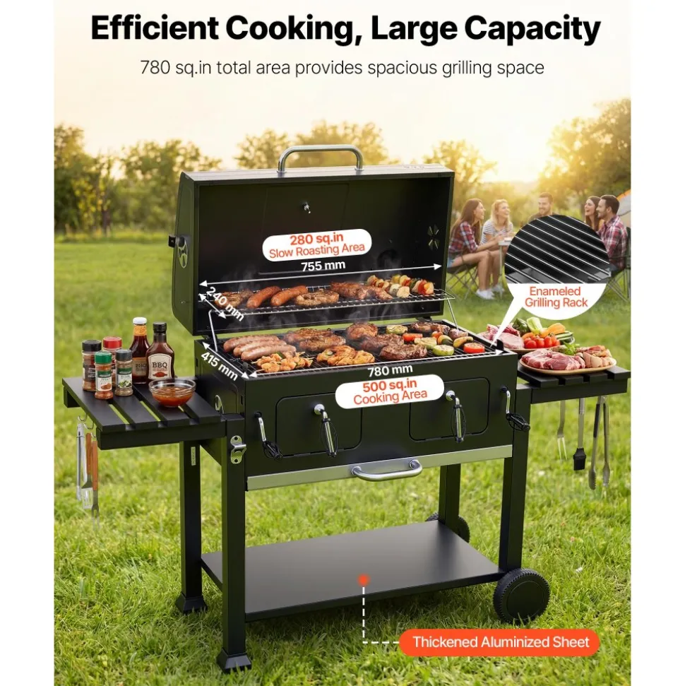 VEVOR Charcoal Grill, 780 sq.in. Extra-Large Charcoal Barbecue Grill with 2 Liftable Charcoal Trays & Folding Side Tables, High-Temp Powder-Coated Steel BBQ Cooking Grills for Patio Backyard Parties