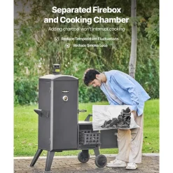 VEVOR Charcoal Offset Smoker, Heavy-Duty Steel BBQ Offset Smoker with Side Firebox, Movable Outdoor Barbecue Smokers with 6 Adjustable Grates, Thermometer & Air Vents for Backyard Patio Party Cooking