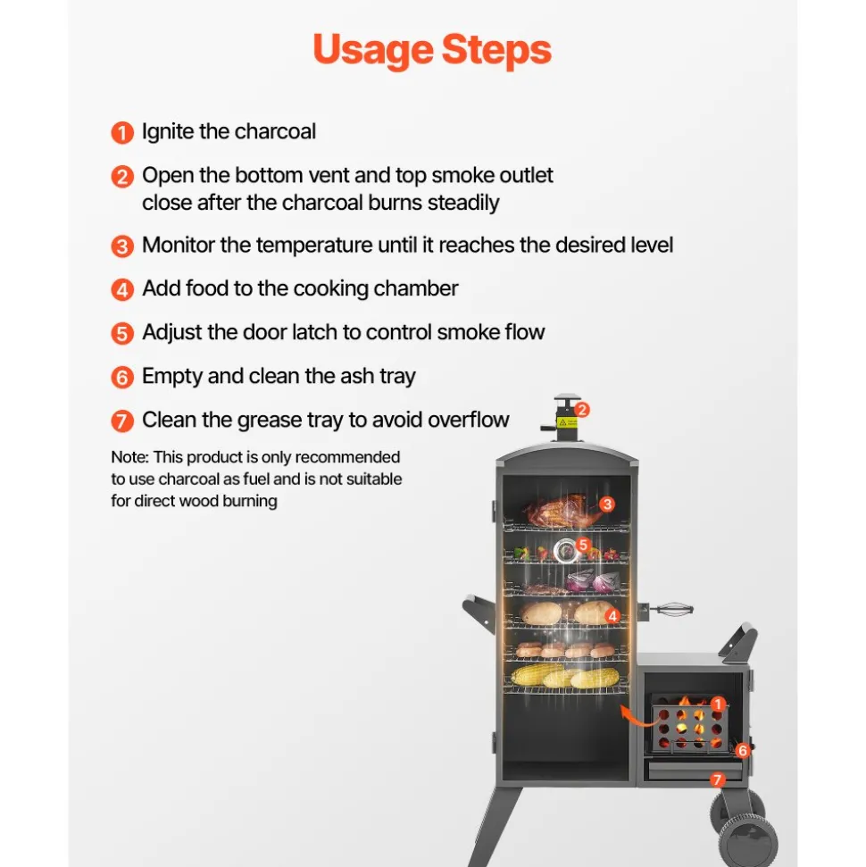VEVOR Charcoal Offset Smoker, Heavy-Duty Steel BBQ Offset Smoker with Side Firebox, Movable Outdoor Barbecue Smokers with 6 Adjustable Grates, Thermometer & Air Vents for Backyard Patio Party Cooking